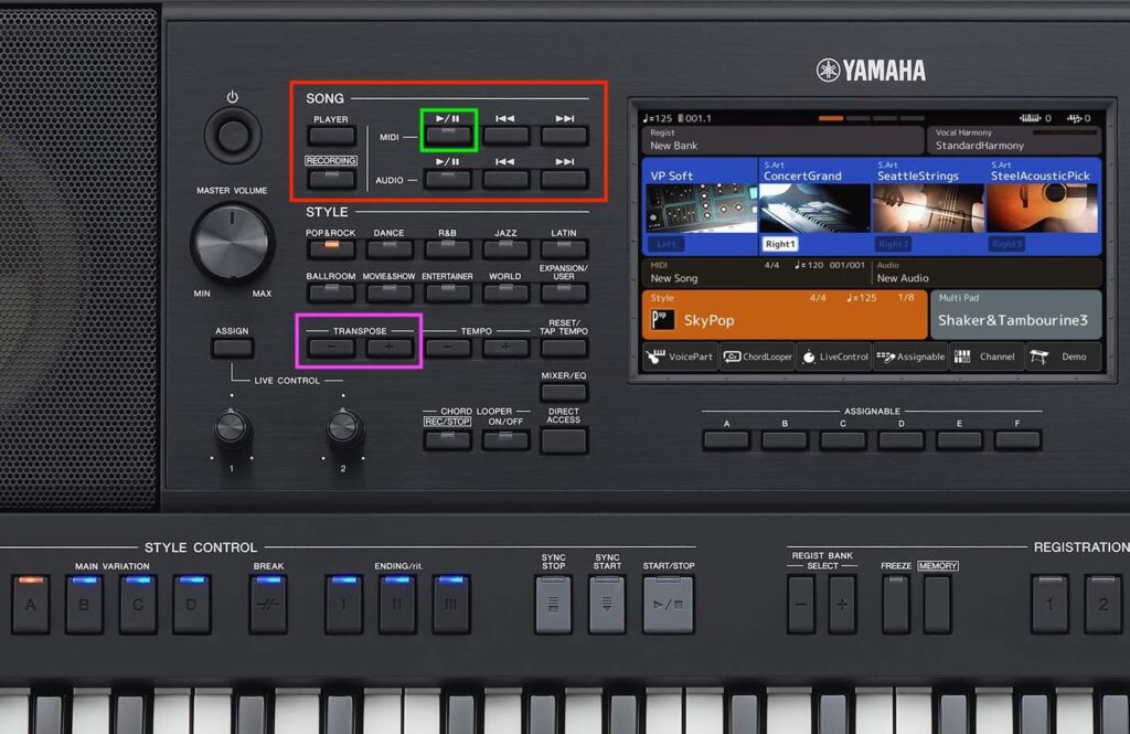 ການເປີດເພງ Midi File ແລະນຳໃຊ້ຣະບົບ Transpose ເພື່ອປ່ຽນຣະດັບສຽງຂອງເພງ...
ໝາຍເຫດ : ດຸມ Transpose ນີ້ຈະໃຊ້ງານໄດ້ສະເພາະເພງເປັນ Midi File ເທົ່ານັ້ນ ບໍ່ສາມາດບັງຄັບຣະດັບສຽງເພງທີ່ເປັນ Audio (Wav ຫຼື MP3).