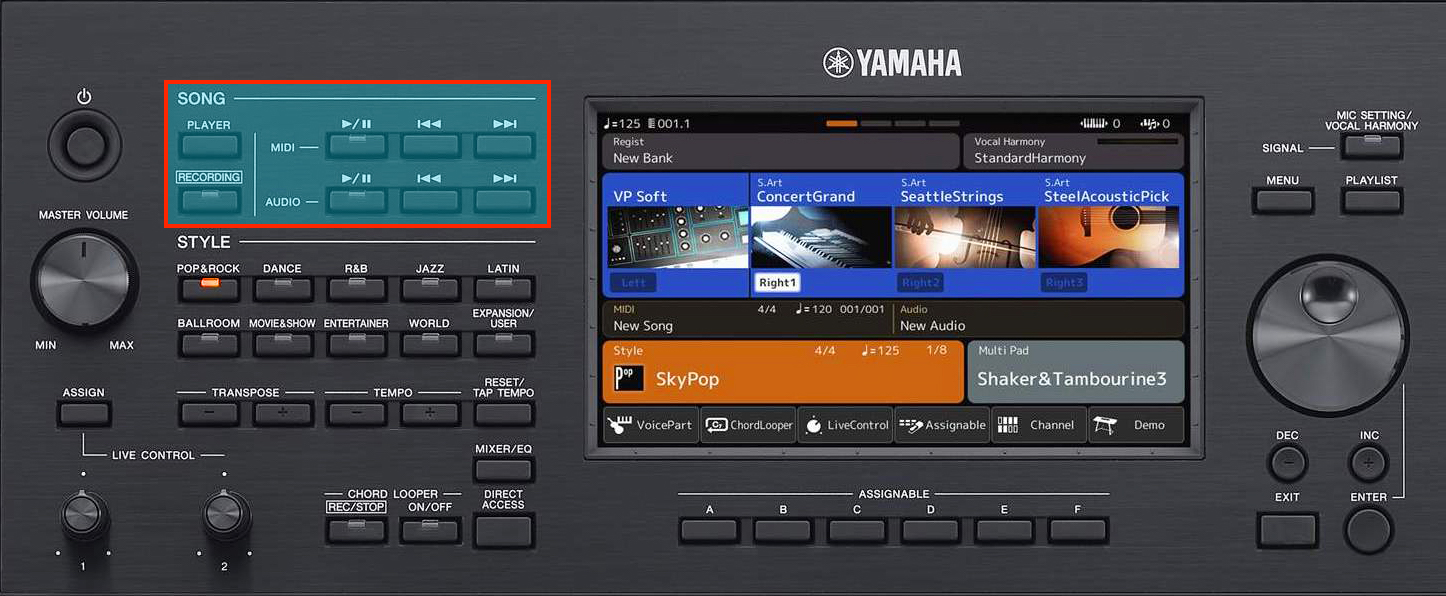 ແປ້ນໜ້າຈໍສຳພັດຂອງຄີບອດ Yamaha PSR SX900 ແລະພາກສ່ວນສຳລັບຫຼິ້ນແລະອັດເພງເປັນຣະບົບ MIDI ແລະ AUDIO